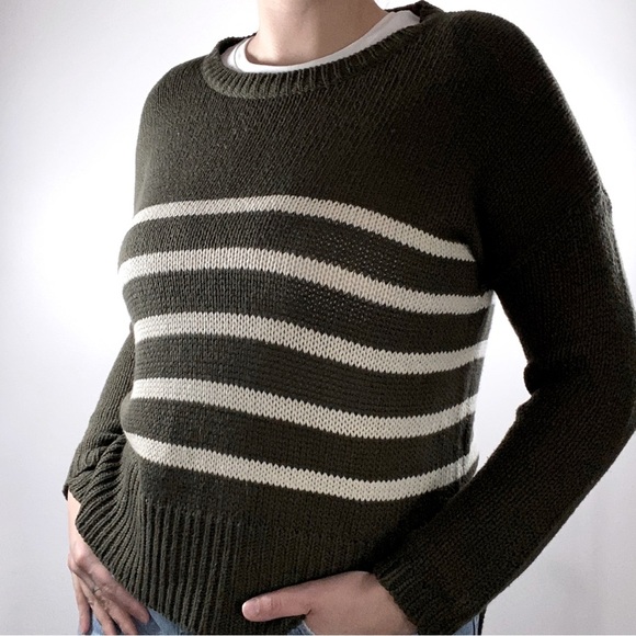Francesca’s Dark Olive Striped Side Slit Crewneck Sweater - Picture 1 of 5